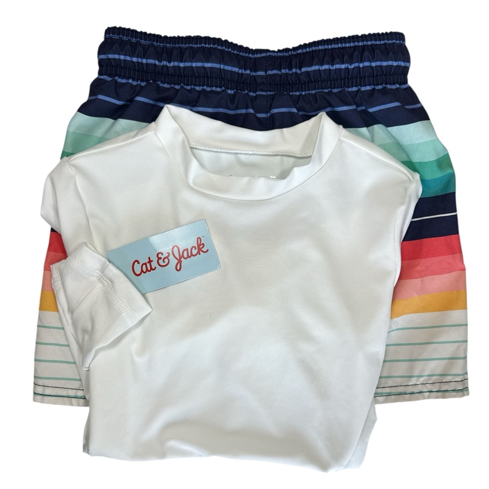 Cat & Jack Rashguard Swim Set XS 4/5 Stripe Swim Trunks Bundle